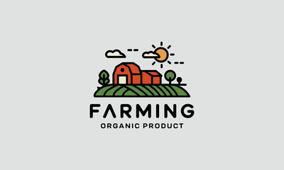 Fototapeta premium Farm landscape with barn and trees under the sun.