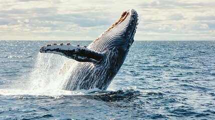 Fototapeta premium A humpback whale leaps from the ocean, water splashing around as it breaks the surface.