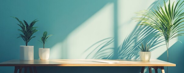 wooden desk with laptop, books and lamp with sunset light and glass window on background