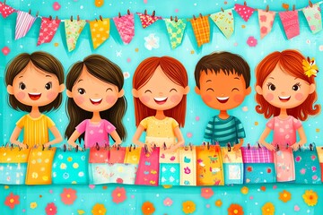 Five smiling children stand in front of a row of colorful bunting flags.