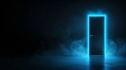 A glowing blue door in a dark foggy setting, symbolizing opportunity and mystery.