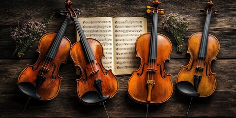 Fototapeta premium Four violins lay on a rustic wooden background with sheet music and flowers.