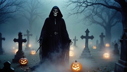 A frightening shadowy figure suddenly appeared in the cemetery area wearing a black robe