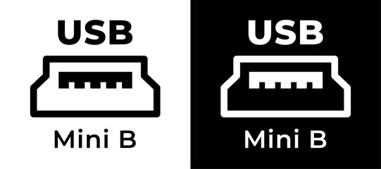 Different views of a Mini B USB connector displayed in black and white contrasting designs © D.Myts