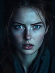 Fototapeta premium A striking portrait captures a woman with bold, piercing eyes, radiating a powerful sense of defiance.