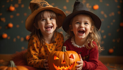 Fototapeta premium in the haunted and foggy forest children with pumpkins laughing and cheerful