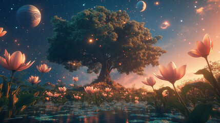 Hyper-detailed plants with shimmering stardust-coated petals growing around a photorealistic glowing tree, beneath floating planets with natural lighting and shading
