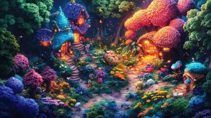 Aerial view of a vibrant fantasy forest, animals engaging in playful activities, colorful flora and whimsical structures