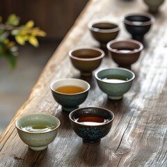 A collection of different tea cups, each filled with a unique tea, presented in a harmonious arrangement on a wooden table