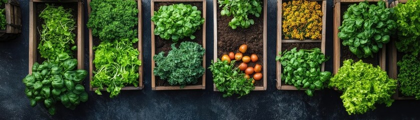 Fototapeta premium Aerial view of urban rooftops transformed into vibrant culinary gardens, innovative chefs collaborating, sunlight illuminating flavors