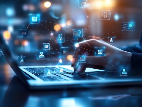 Transform Your Workspace: Ethereal Close-Up of a Hand on Laptop with User Icons - Perfect Poster for Modern High-Tech Interior Design