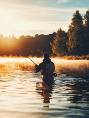 An angler expertly draws in a fish, embodying perseverance under the bright sun on a shimmering lake.