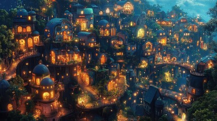 Birds-eye view of whimsical fantasy landscapes merging with everyday life, vibrant colors and imaginative details, enchanting atmosphere