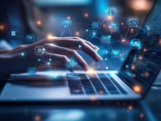 Transform Your Workspace: Ethereal Close-Up of a Hand on Laptop with User Icons - Perfect Poster for Modern High-Tech Interior Design