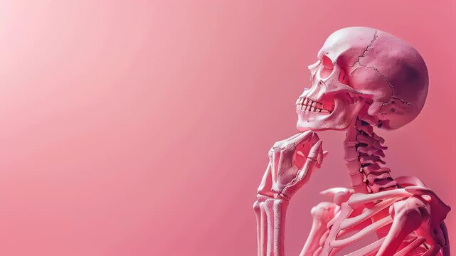 A thoughtful skeleton pondering life questions against a soft pink backdrop in a curious display of anatomy