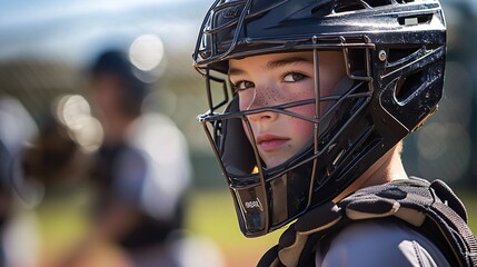 A determined catcher, clad in gear, intensely focuses on the pitch during a vibrant baseball game.