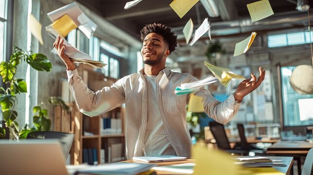 A proactive individual expertly balances multiple responsibilities in a bustling workplace.