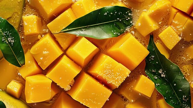 Close up of fresh mango fruit background with cubes and leaves, top view. Photorealistic high resolution macro photography for advertising or food design.