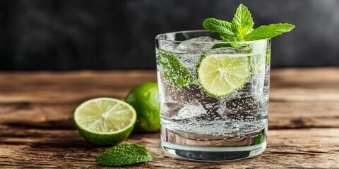 Fototapeta premium A minimalist design of a clear glass with sparkling water, garnished with mint leaves and lime, suggesting refreshment