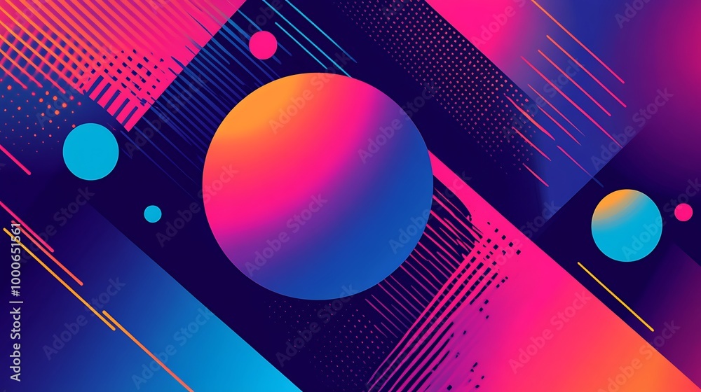Poster abstract geometric shapes with vibrant colors and dynamic lines on a dark background.