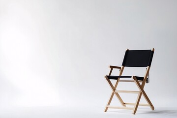 A sleek director's chair in a minimalist studio against a white backdrop, perfect for highlighting creative projects with plenty of room for text.