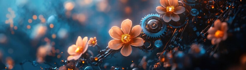 Fototapeta premium Tilted angle view of a vibrant fantasy world, blooming flowers mixed with steampunk machinery, macro photography