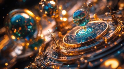 Tilted angle view of a vibrant fantasy world, blooming flowers mixed with steampunk machinery, macro photography