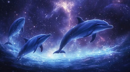 Fototapeta premium Worms-eye view of playful dolphins dancing among stars, reflected in cosmic waters