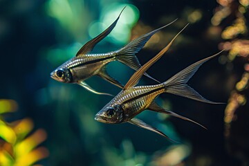 Fototapeta premium An elegant fish with elongated bodies and distinctive fins glides effortlessly in a crystal-clear aquarium.