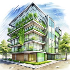 Green architecture and modern style, beautiful eco office building with panoramic windows