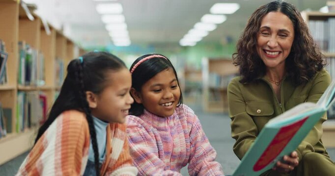 Children, woman and library for reading, development and education with story book, learning and fun. Teacher, kids and knowledge for growth, librarian and together for language, literature and quiet