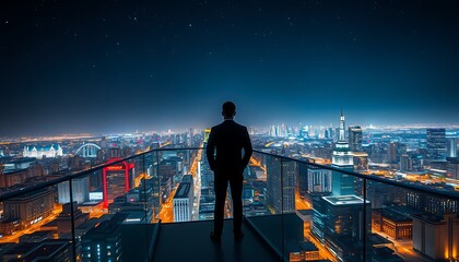 Fototapeta premium A man in a suit gazes over a city skyline illuminated at night from a rooftop terrace with stunning views