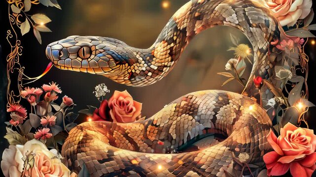 A beautifully detailed illustration of a majestic snake entwined among vibrant roses and florals, showcasing intricate patterns and colors in a serene setting