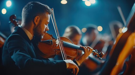 Violinist Performing on Stage with Blurry Background