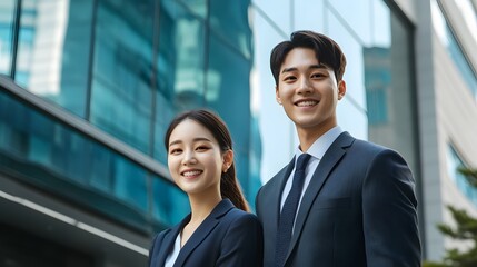 Professional ad featuring a young Korean man and woman in business attire, smiling brightly in front of an upscale residential building
