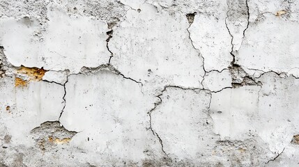 Obraz premium A close-up view of a cracked white wall, showcasing textures, imperfections, and weathered patches for architectural or design use.