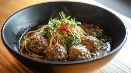 Fototapeta premium Rice noodles with meatballs in a bowl on a wooden table 