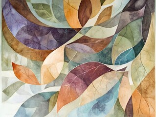Watercolor, abstract foliage, organic shapes and lines, muted colors.