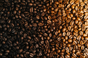 Naklejka premium A textured image showcasing dark and light coffee beans, illustrating their rich hues and textures. Perfect for coffee enthusiasts and related industries.