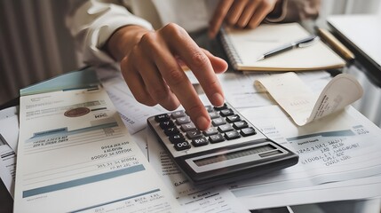  accountant working on desk using calculator for calculate finance report in office 