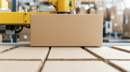 Box being processed in a modern automated warehouse environment.