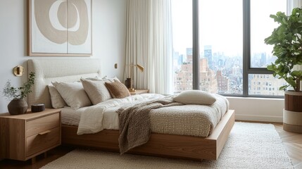 Fototapeta premium a serene organic modern bedroom in a new york city appartement