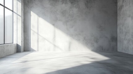 Obraz premium A modern, minimalistic room featuring concrete walls and large windows, casting beautiful shadows and light patterns.
