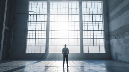 Fototapeta premium A man faces large industrial windows, bathed in soft sunlight that streams through the glass. The abandoned space is vast and quiet, with light flooding the room, highlighting the figure's silhouette