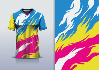 Sport jersey long sleeve template mockup texture rustic grunge marble abstract design for running football soccer, racing, e sports, blue yellow pink color