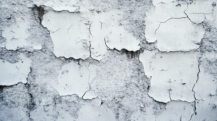 Obraz premium A close-up view of an old, weathered wall with peeling paint, showcasing textured layers of white and gray for vintage aesthetics.