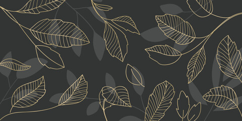 Green botanical leaves hand drawn line art and green silhouettes background.Vector