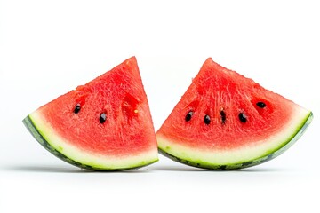 Two juicy watermelon slices with black seeds on a white background.