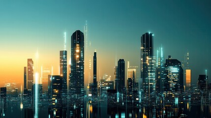 Obraz premium A futuristic skyline at sunset, showcasing tall buildings illuminated with bright lights against a gradient sky.