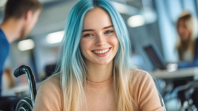Happy Woman with Blue Hair in Wheelchair at Work